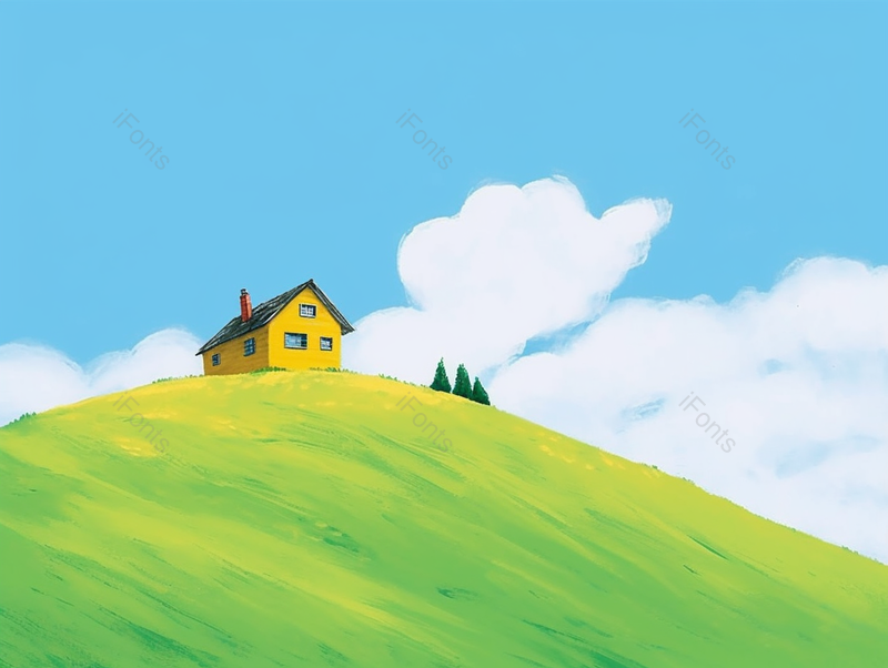 天气晴朗蓝天白云绿色的山坡上的一栋房子无人场景宁静的画面手绘插画背景,插画/手绘图,插画/手绘图库,插画/手绘图下载,插画/手绘